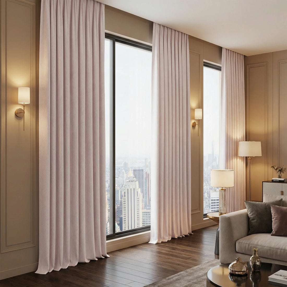 Light pink Alex blackout curtains framing high-rise windows in a modern living room