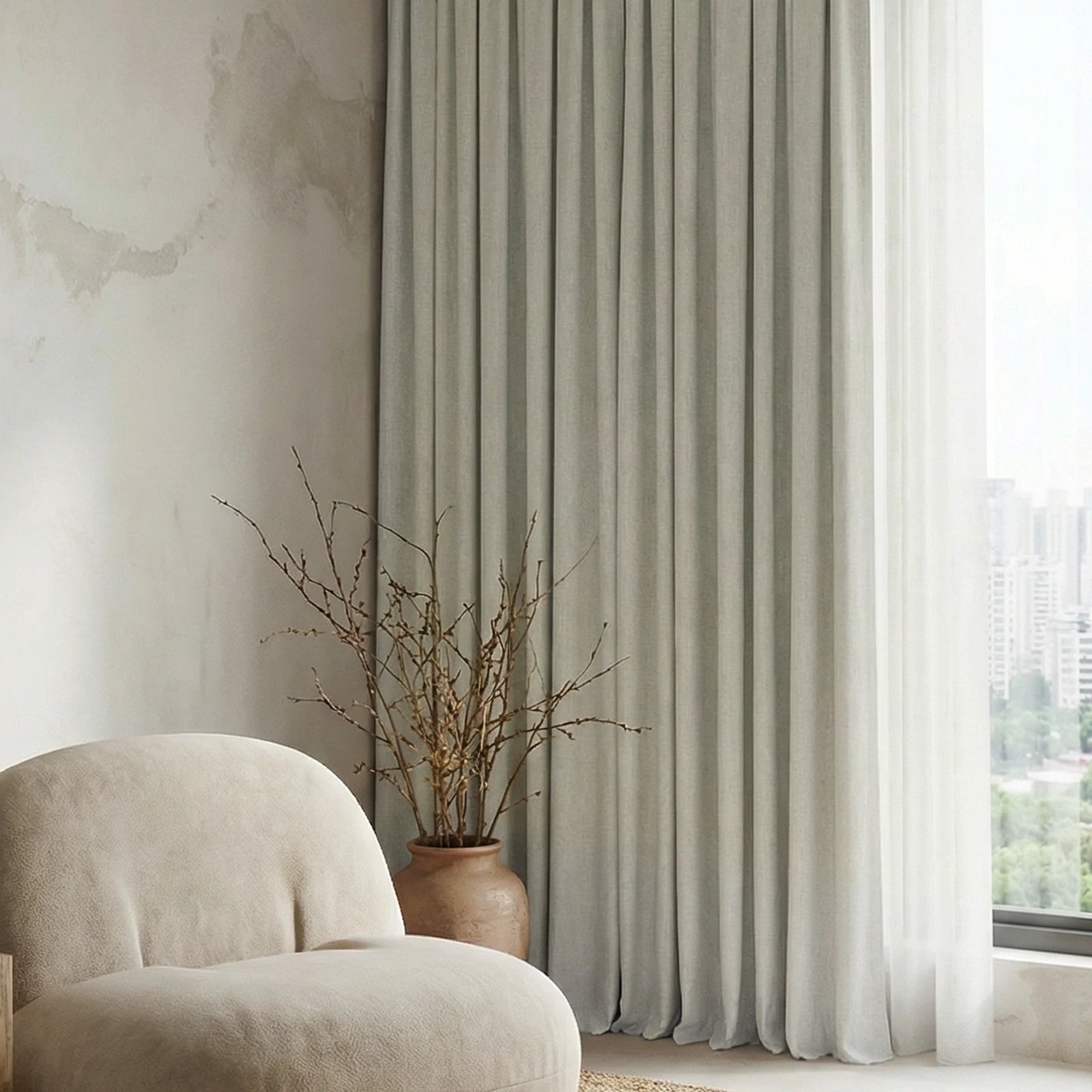 Close view of off-white Alex curtain folds beside a lounge chair and dried branches