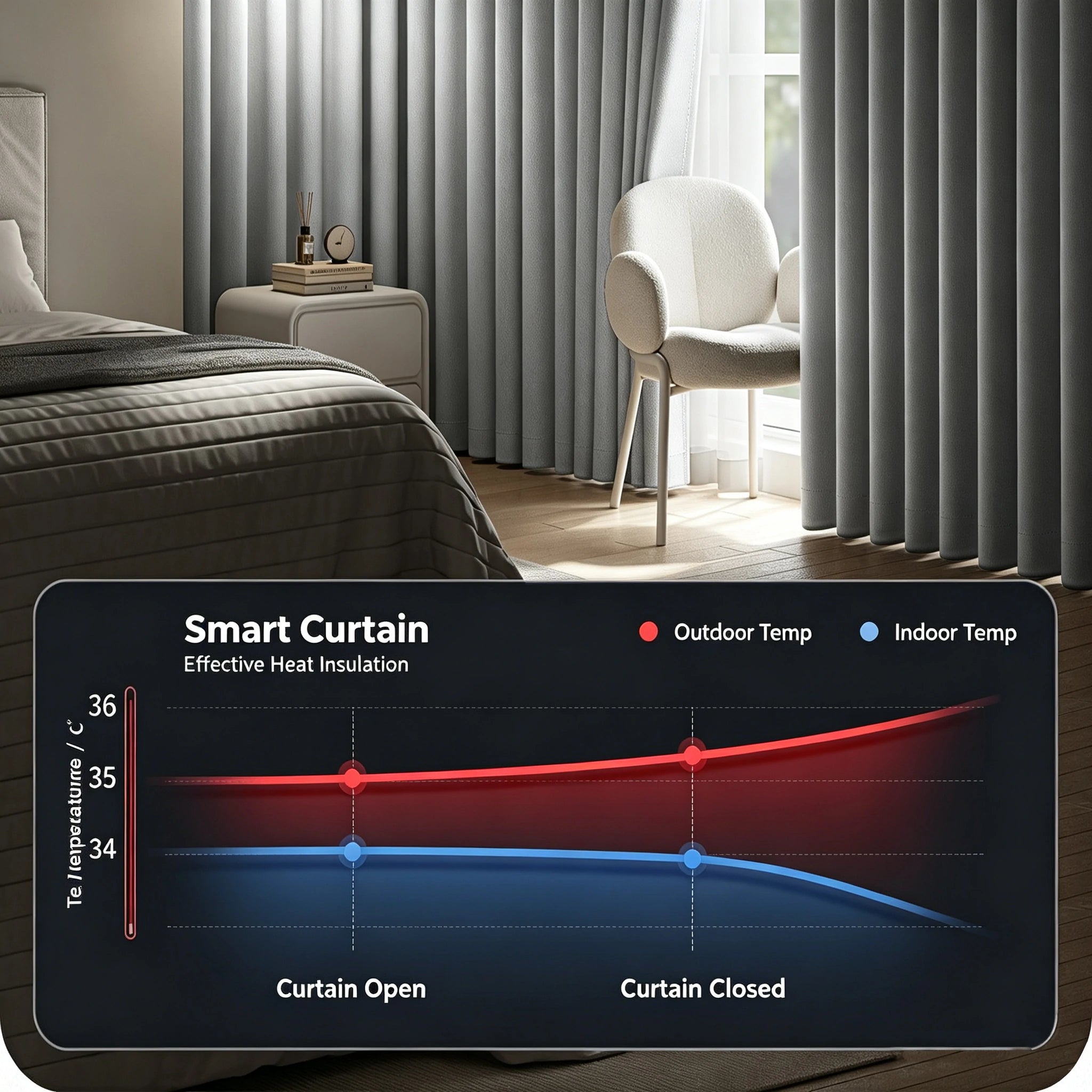 A bedroom featuring ArgaHome’s Orion Linen Look 100% Blackout Curtains in gray, a white chair, and a bed is shown. An overlaid graph illustrates that closing the Orion curtains helps maintain a cooler indoor temperature compared to outdoors.