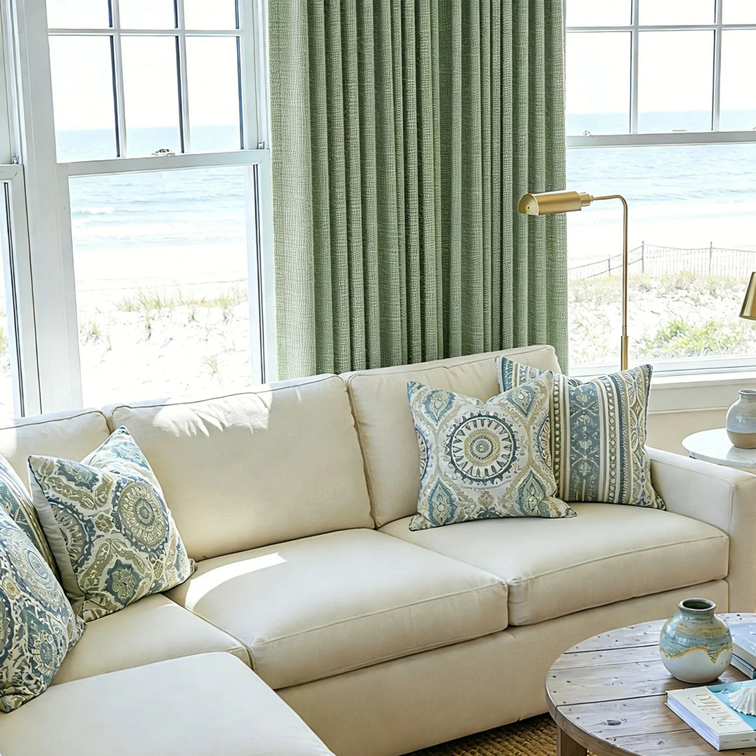 Coastal home styling with chic patterned cushions and neat pleats of Grass Green John Linen Texture Cotton Curtains
