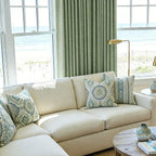 Coastal home styling with chic patterned cushions and neat pleats of Grass Green John Linen Texture Cotton Curtains