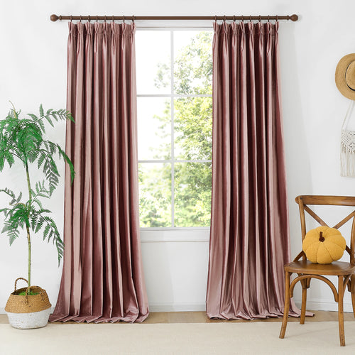 Front view of pink velvet curtains