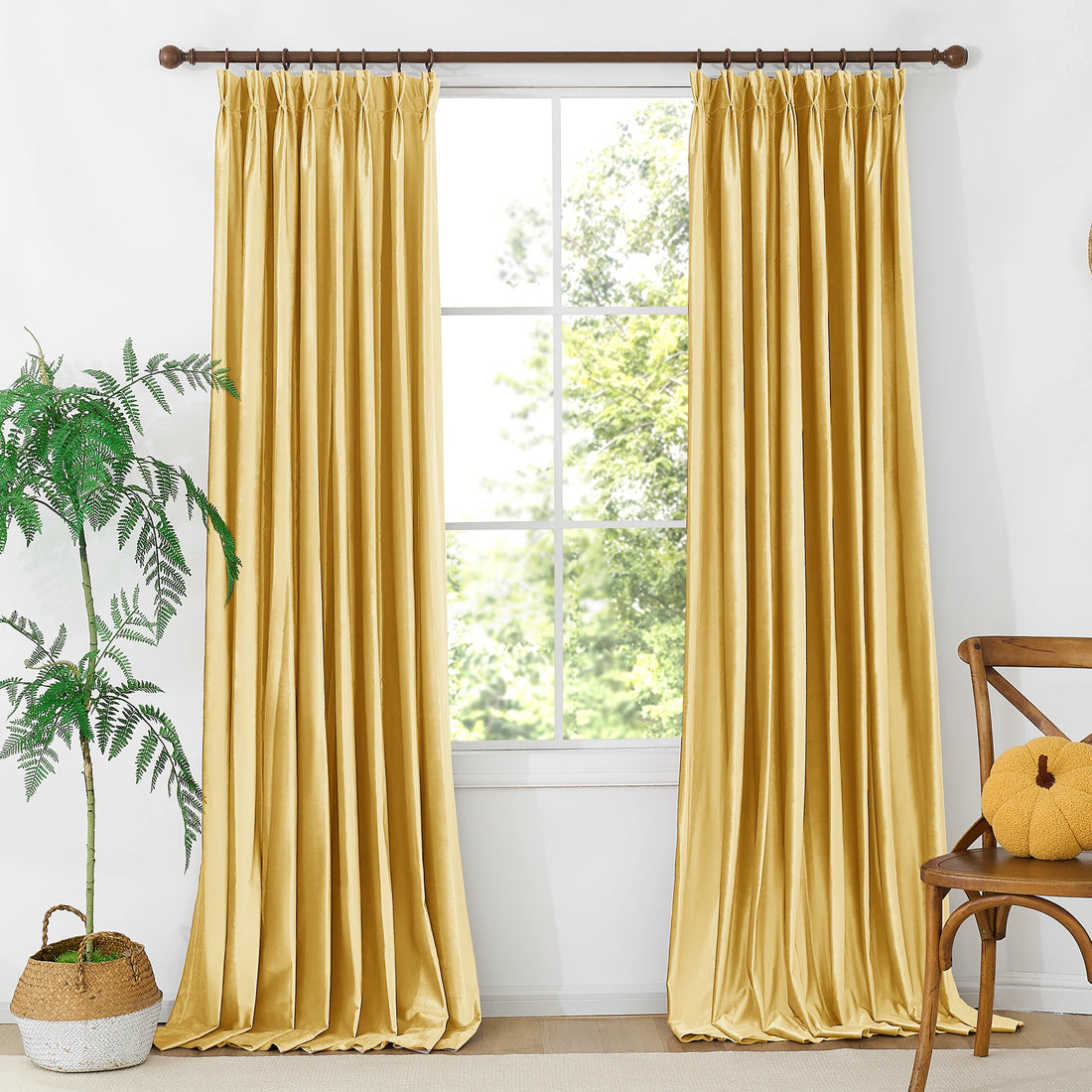 Gold velvet curtains Front View