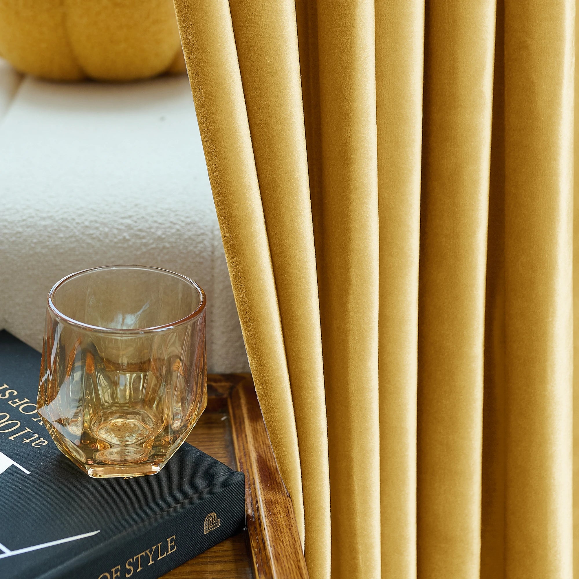 Golden velvet curtains display
