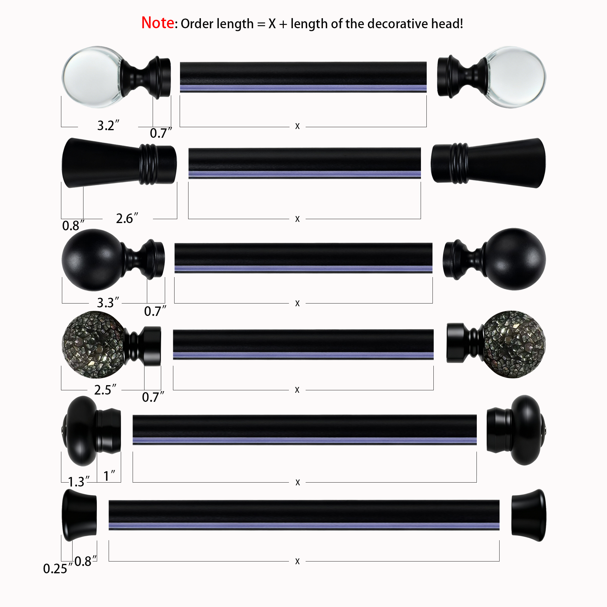 Meile custom curtain rod finial sizes