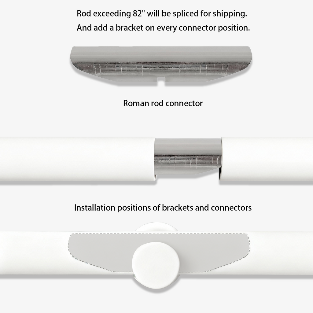 Shipping and installation details for large-sized custom white curtain rods
