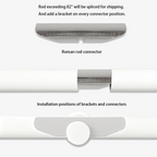 Shipping and installation details for large-sized custom white curtain rods
