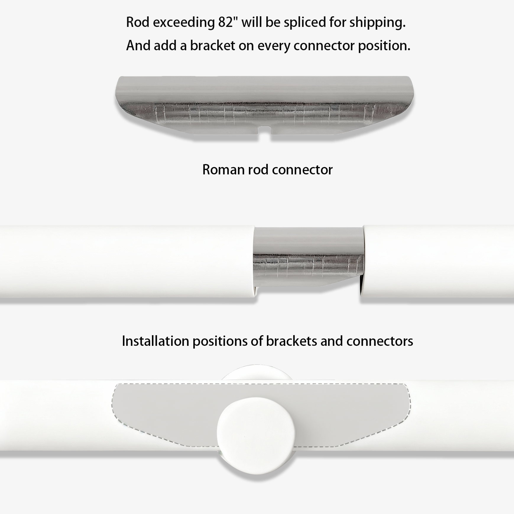 Shipping and installation details for large-sized custom white curtain rods
